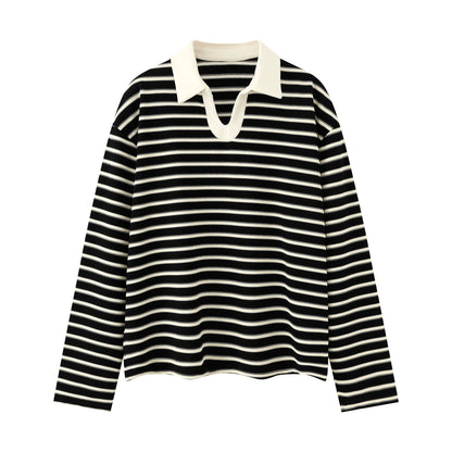 Stripe Polo-Collar Knit Long Sleeve Polo Shirt WN21448
