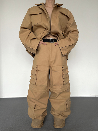 Heavyweight Canvas Oversize Jacket & Detachable Wide-Leg Cargo Pants Setup WN15149