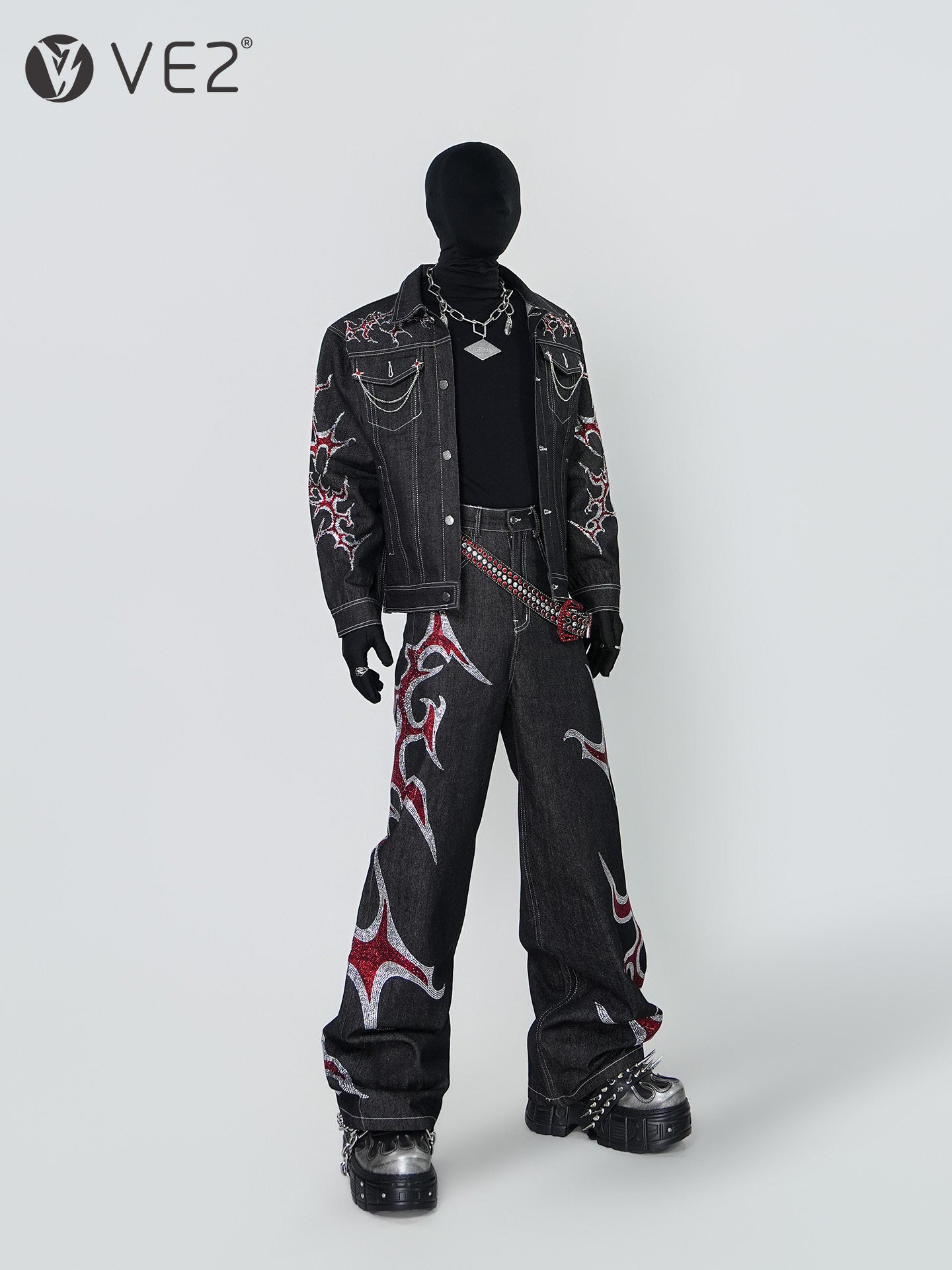 Rinestone Design Denim Jacket & Rinestone Design Wide Leg Pants Setup WN24296