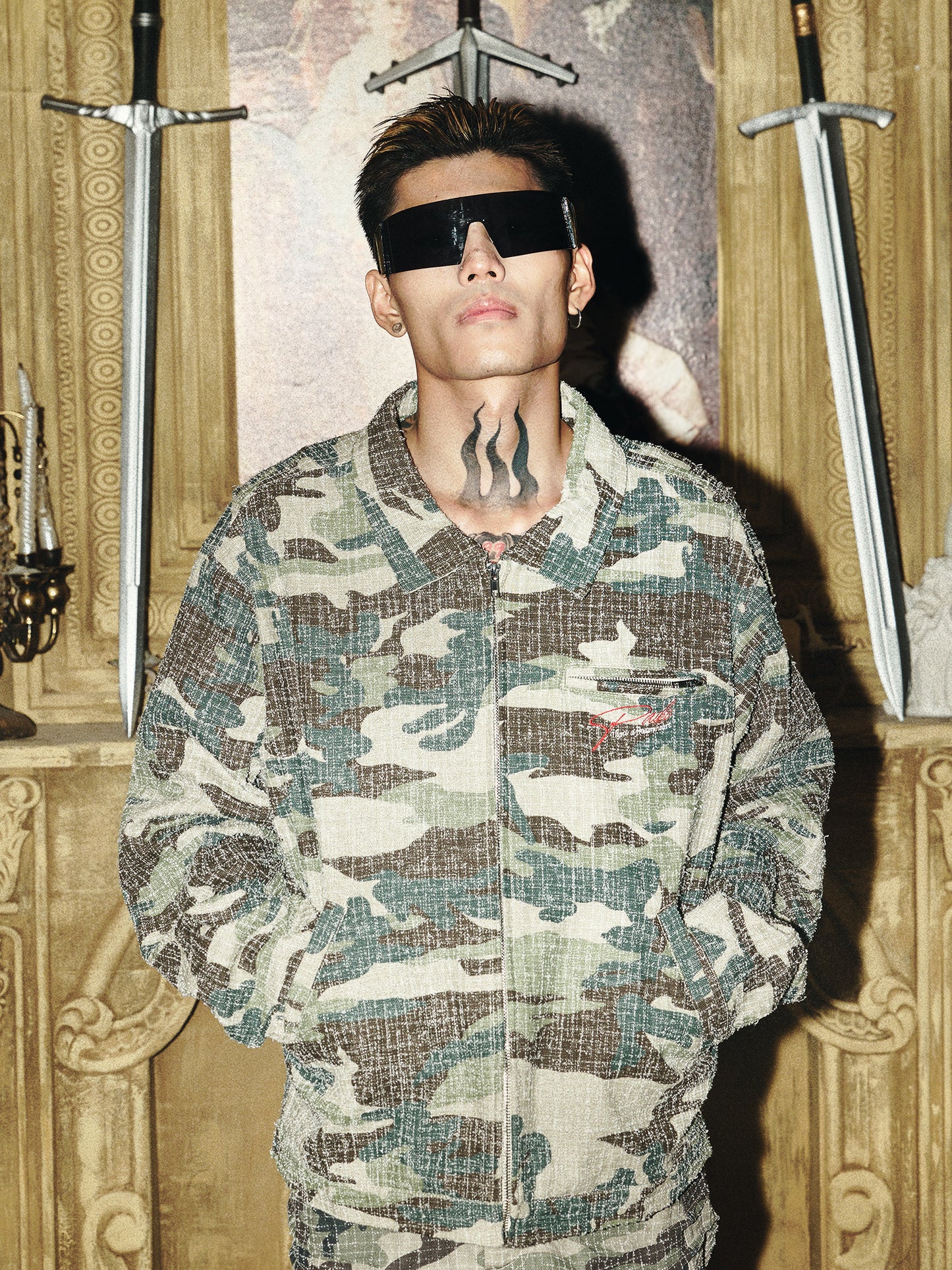 Camouflage Print Zipper Long Sleeve Shirt WN15830