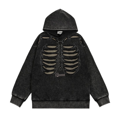 Patchwork Damage Skeleton Oversize Pullover Hoodie WN11187