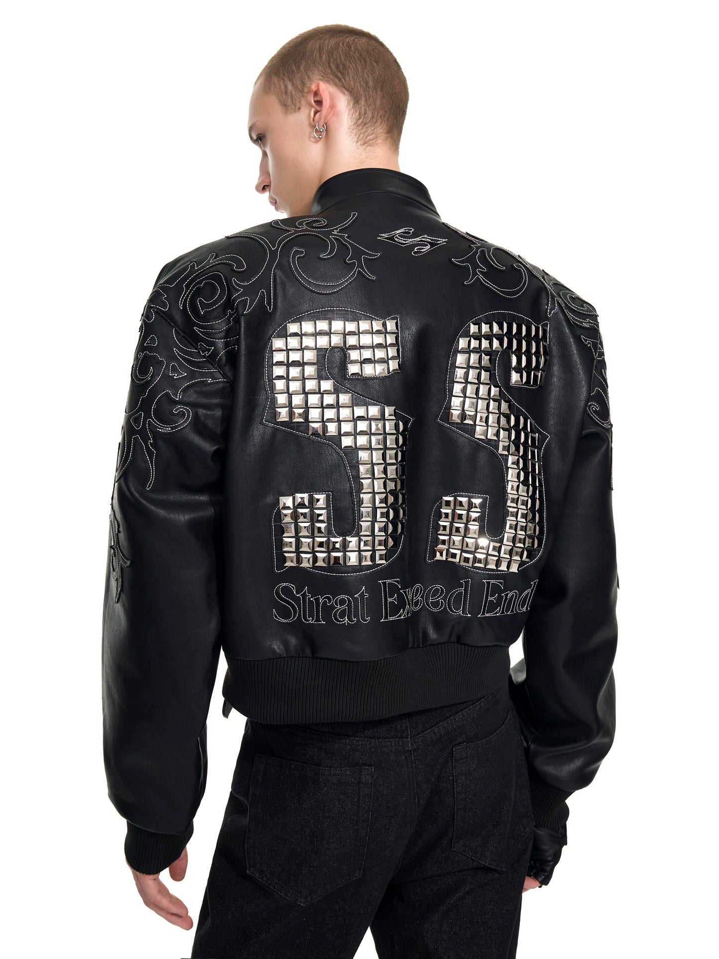 Back Metal Letter Embroidery PU Leather Zipper Jacket WN20936