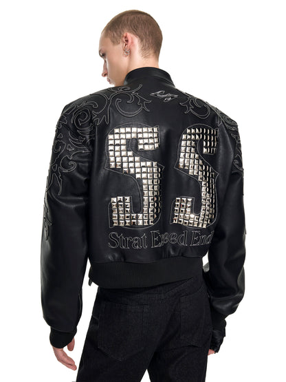 Back Metal Letter Embroidery PU Leather Zipper Jacket WN20936