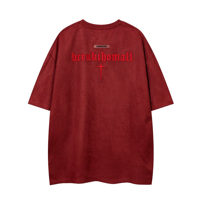 Suede Cross Embroidery Short Sleeve T-Shirt WN24457