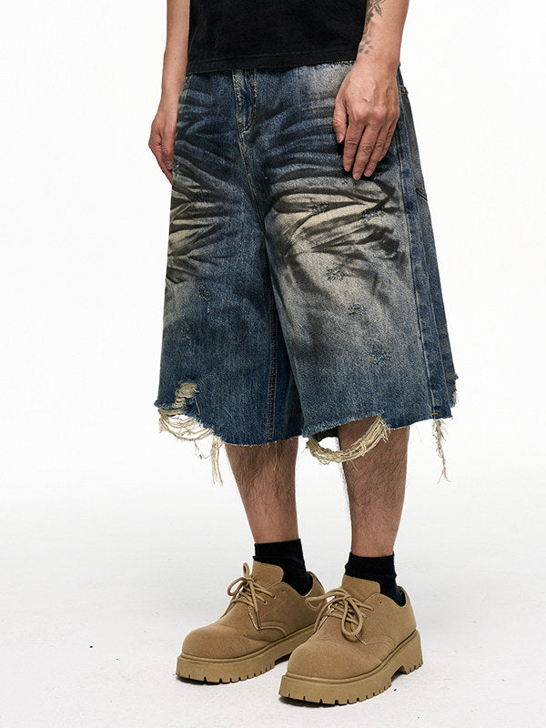 Pleats Washed Damage Wide Leg Denim Short Jeans WN24343