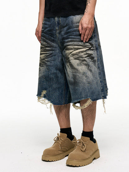 Pleats Washed Damage Wide Leg Denim Short Jeans WN24343