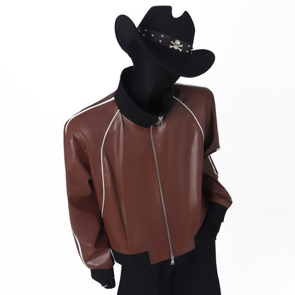 Contrast Line PU Leather Short Jacket WN23676
