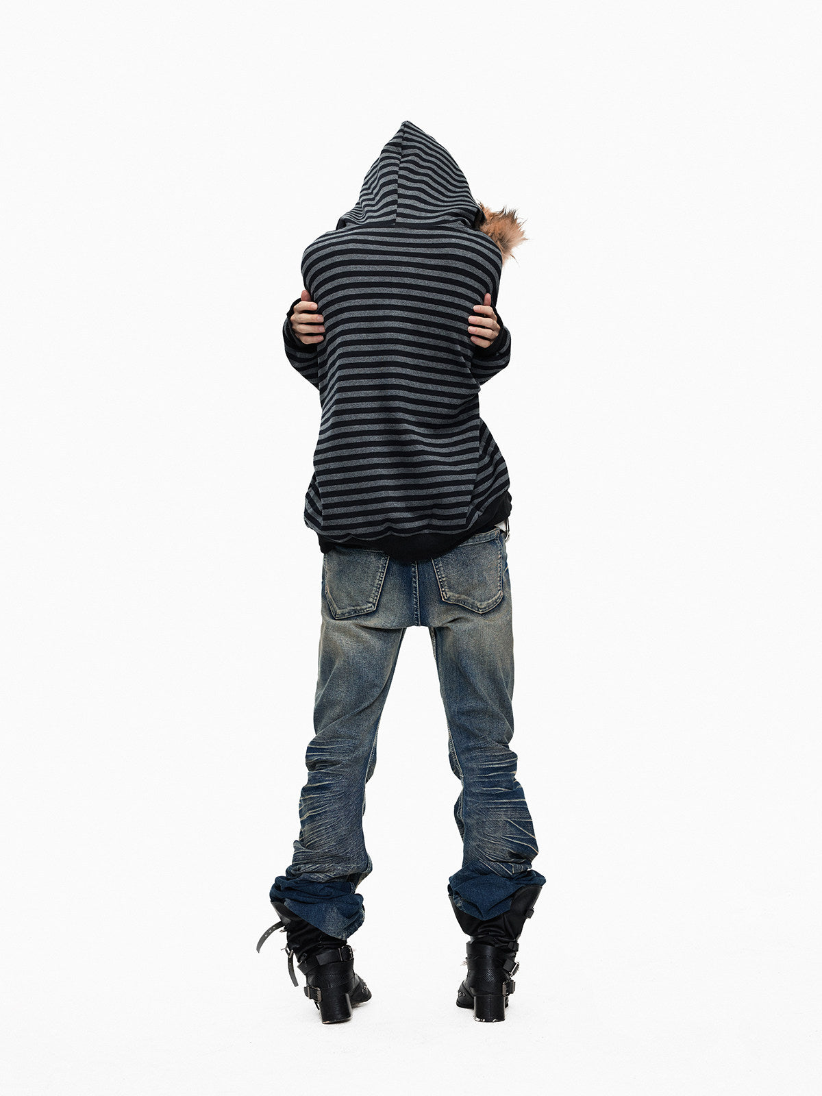 Fur Collar Stripe Oversize Zipper Hoodie WN27336