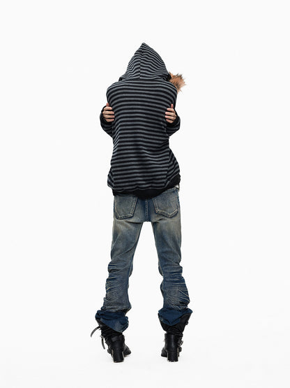 Fur Collar Stripe Oversize Zipper Hoodie WN27336