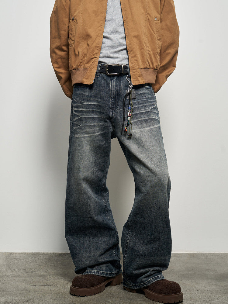 Wash Damage Wide Leg Straight Denim Jeans WN22933