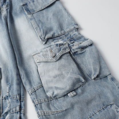 Multi-Pocket Washed Wide-Leg Cargo Denim Jeans WN11280