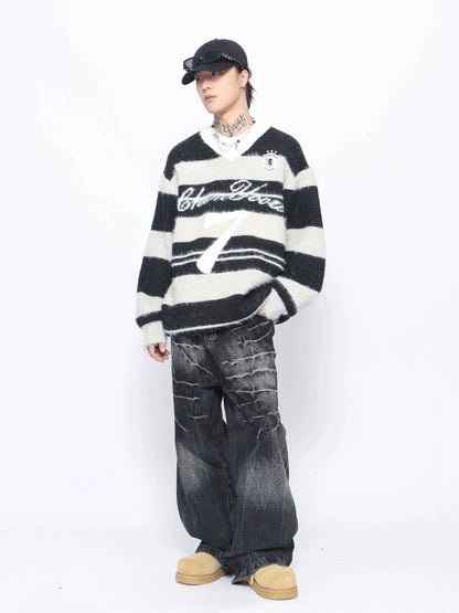 Stripe Color Block V-Neck Knit Sweater WN10898