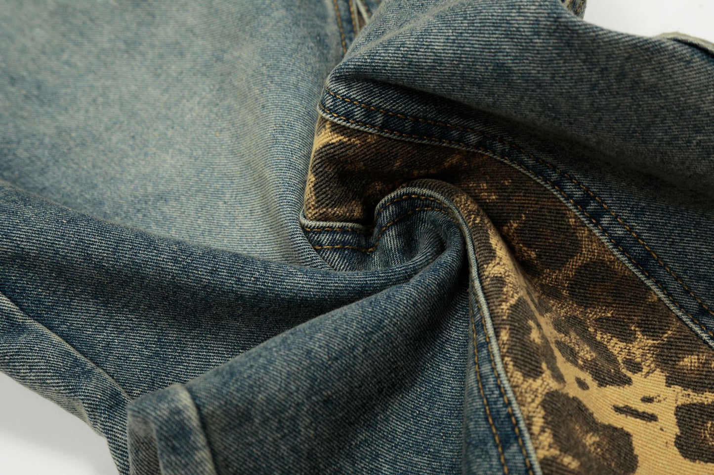 Washed Leopard Panel Curved Denim Jeans WN25514