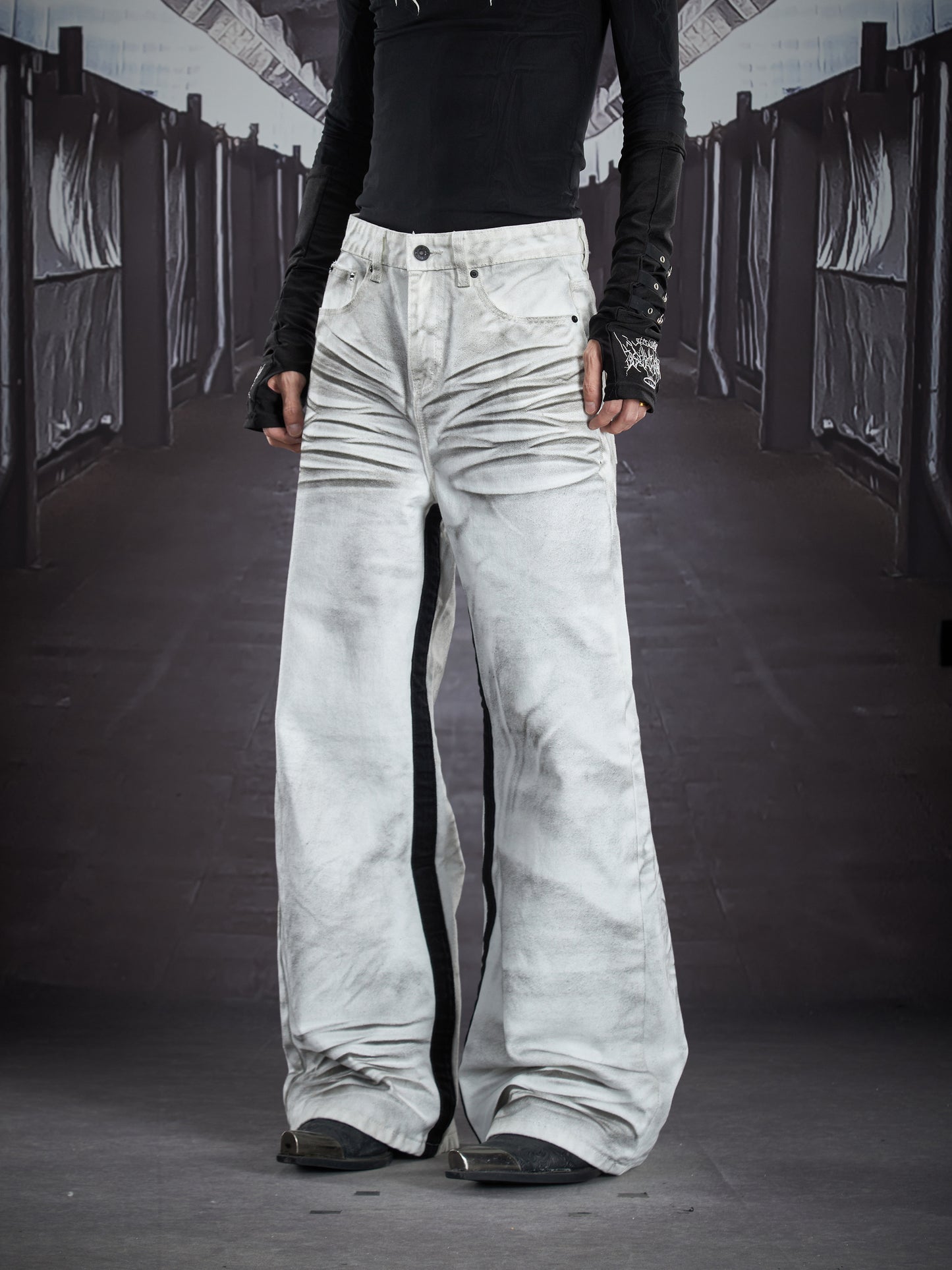 Hand Paint Whisker Honeycomb Wash Patchwork Straight Denim Jeans WN22907