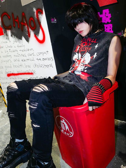 Graphic Design Washed Loose Sleeveless T-Shirt WN15903