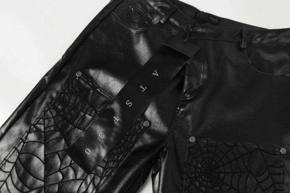 Shoulder-Pad Spider Web PU Leather Jacket Wide Leg Pants Setup WN27913