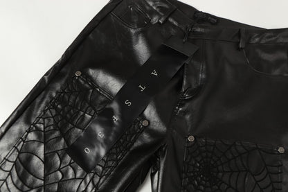 Shoulder-Pad Spider Web PU Leather Jacket Wide Leg Pants Setup WN27913
