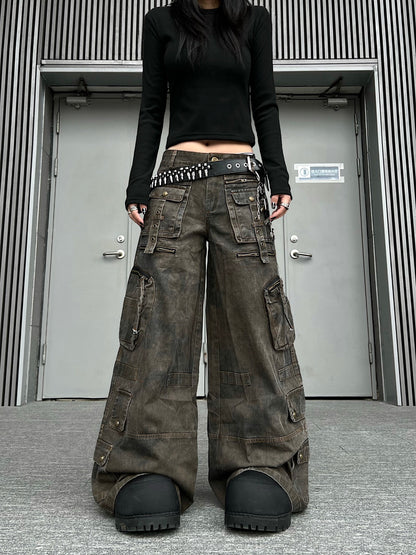 Washed Multi Pocket Wide Leg Cargo Pants WN24152