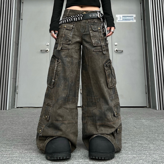 Washed Multi Pocket Wide Leg Cargo Pants WN24152