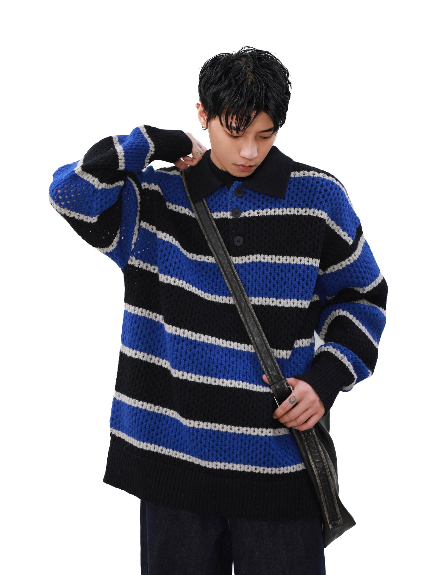 Oversize Stripe POLO Knit Sweater WN8307