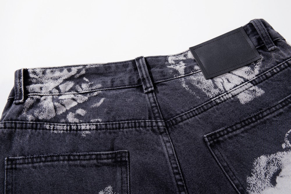 Washed Graphic Print Wide Leg Denim Jeans WN27794