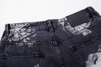 Washed Graphic Print Wide Leg Denim Jeans WN27794