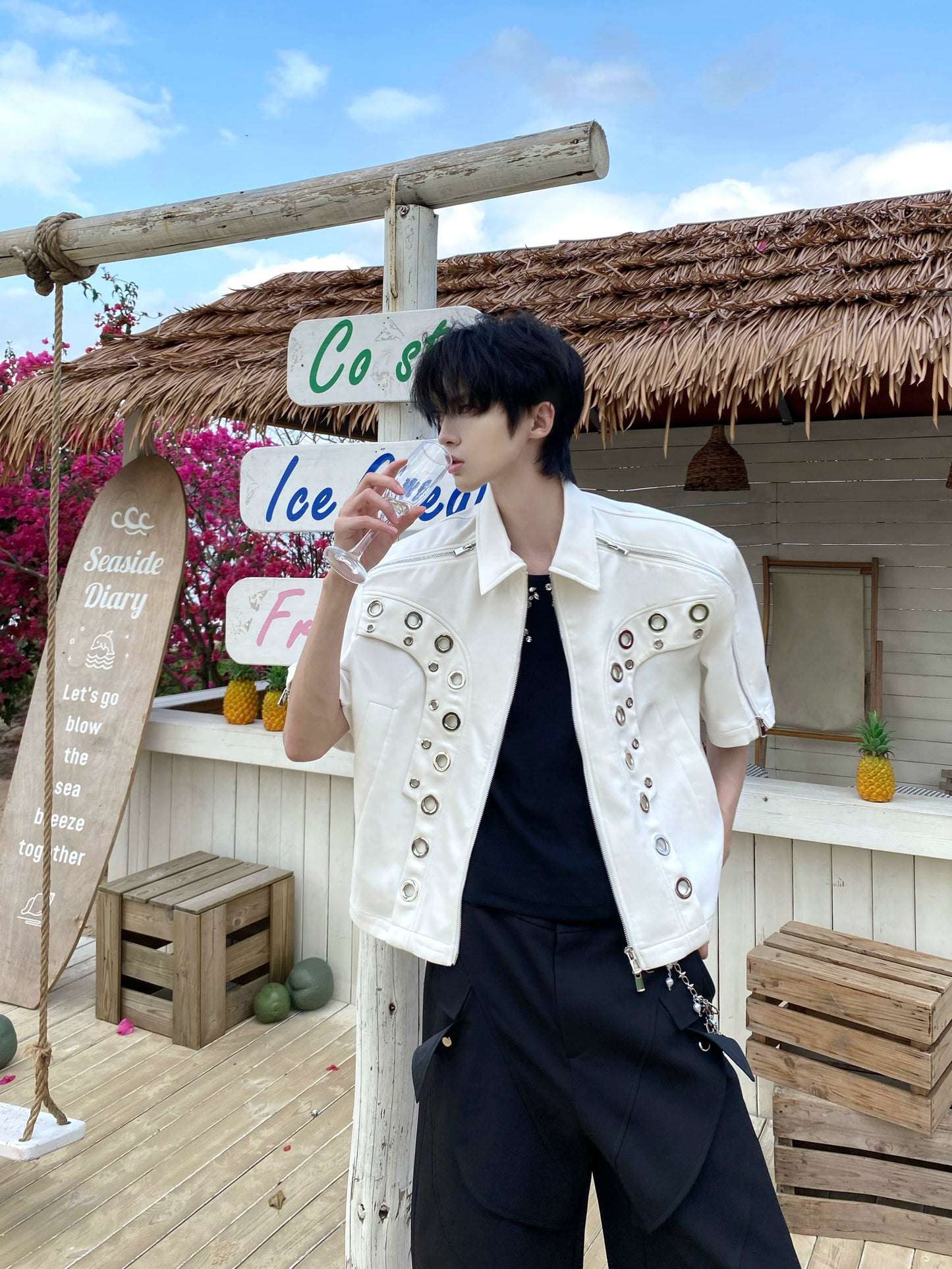 Metal Hollow Shoulder-Pad Zipper Jacket WN20739