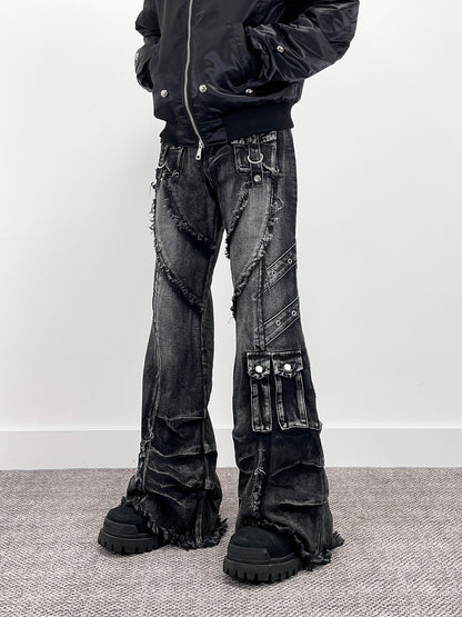 Heavy Detail Flare Cargo Denim Jeans WN24277