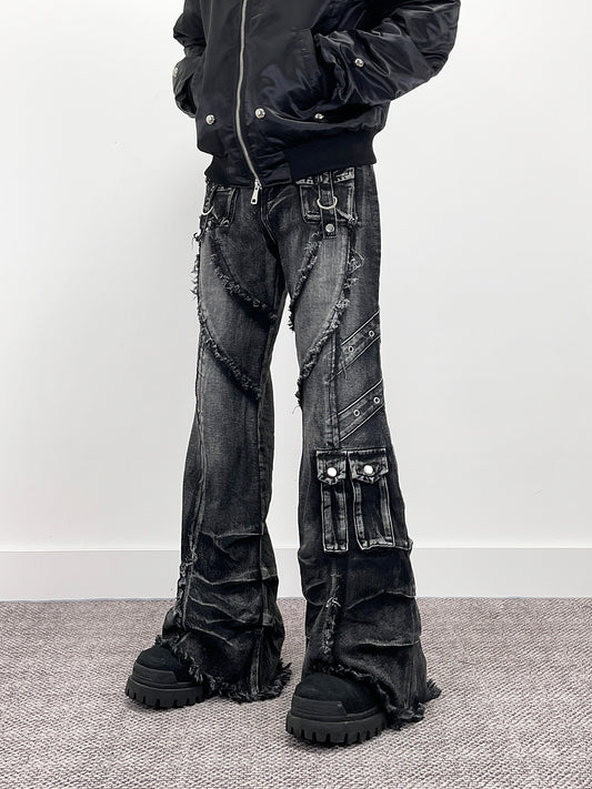 Heavy Detail Flare Cargo Denim Jeans WN24277