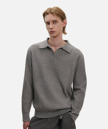 Waffle Texture Polo-Collar Knit Sweater WN21429