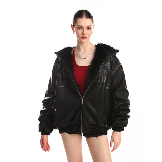 Graphic Print Fake Fur Collar PU Leather Zipper Jacket WN21888