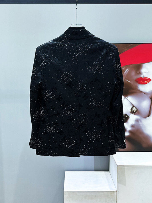 Rhinestone Jacquard Shoulder-Pad Tailored Jacket WN23874