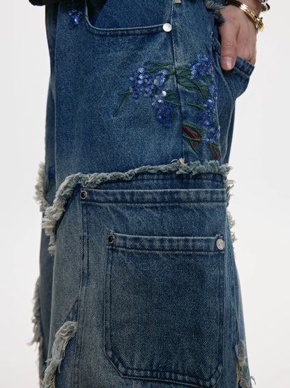 Sequin Embroidery Curved Raw Hem Wide Leg Denim Jeans WN18361