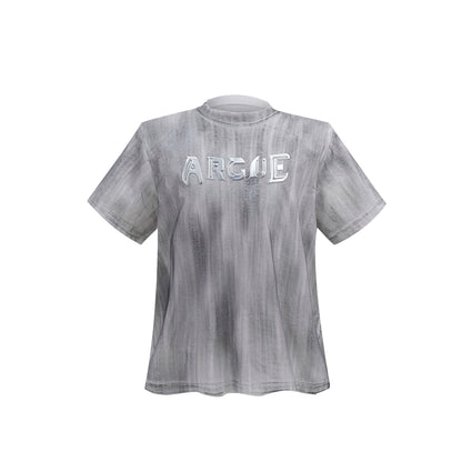 Oversize Silver Brush Short Sleeve Three-dimensional Metal Logo Shoulder Pad T-shirt WN6527