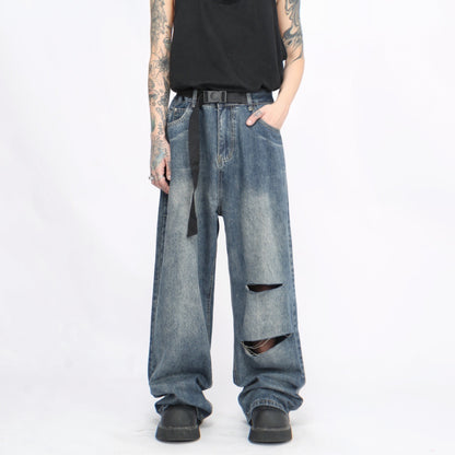 Washed Knife Cut Wide-Leg Straight Denim Jeans WN6943