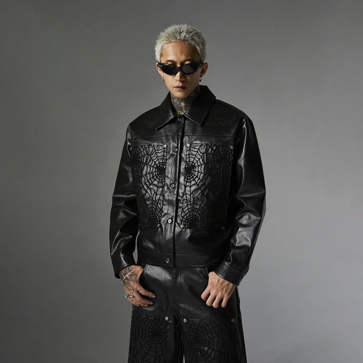 Snap-Button Emboss PU Leather Jacket &PU Leather Wide Leg Pants Setup WN23095-K