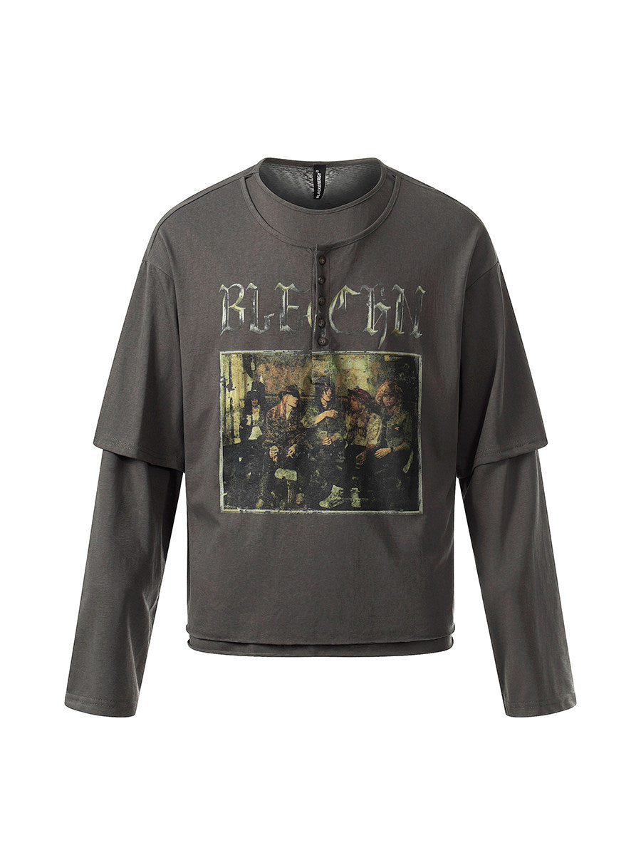 Henley Heavyweight Damage Fake Layered Long Sleeve T-Shirt WN24197