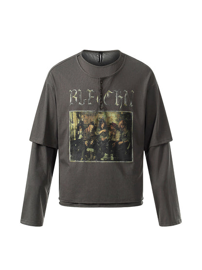 Henley Heavyweight Damage Fake Layered Long Sleeve T-Shirt WN24197