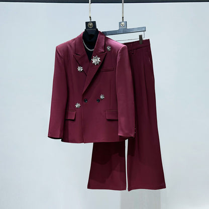 Metal Brooch Tailored Jacket & Flare Trousers Setup WN23949