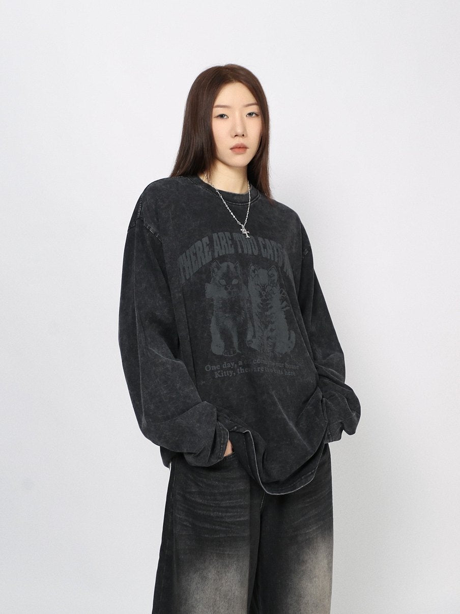 Cat Graphic Print Oversize Long Sleeve T-Shirt WN24486 – WONDER NOAH