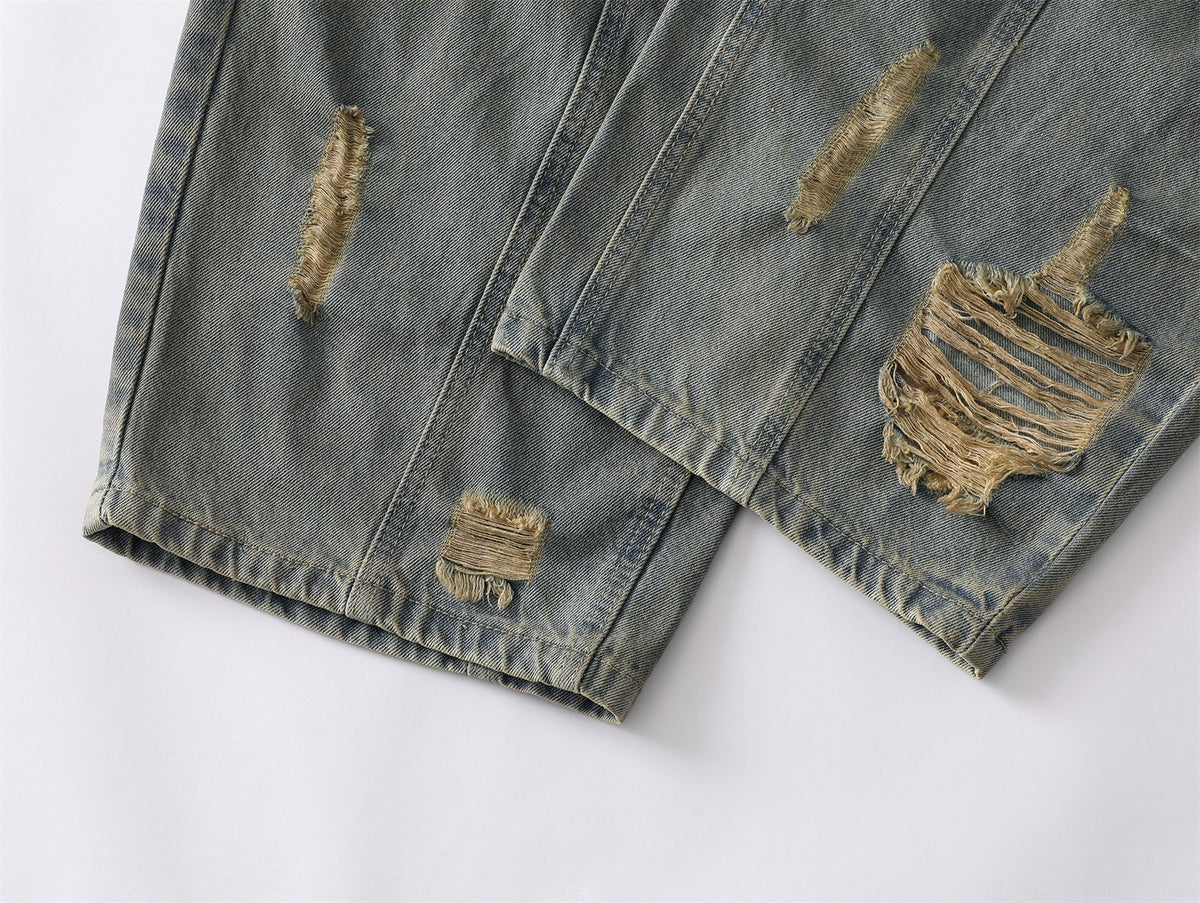 Washed Paint Splatter Ripped Curved Leg Denim Jeans WN26825