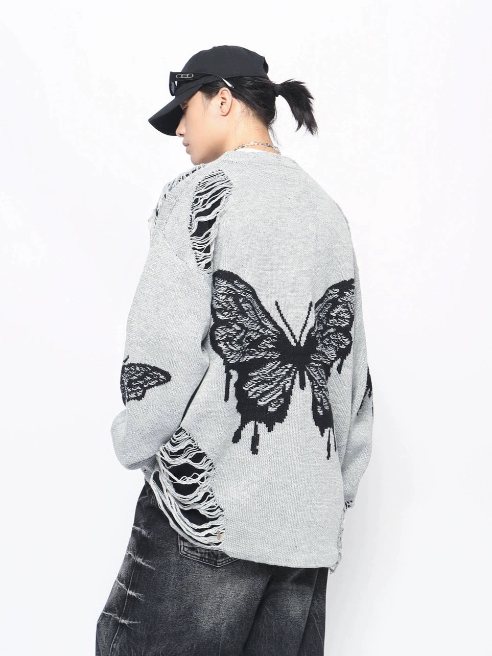 Butterfly Damage Oversize Knit Sweater WN10901