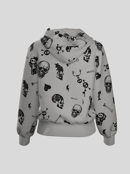 Skull Heart Graphic Cropped Zipper Hoodie WN27106