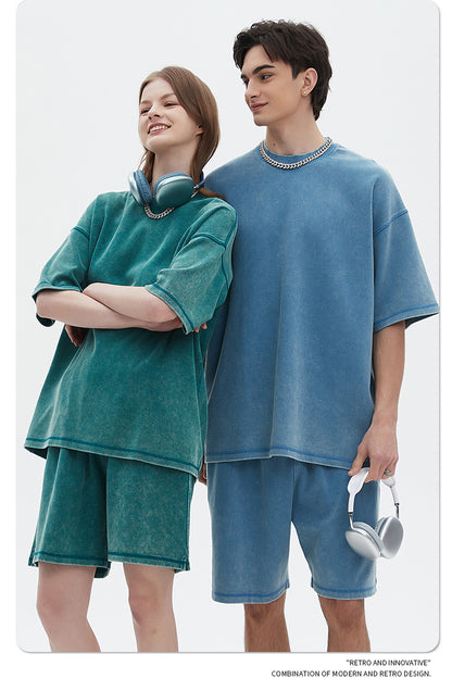Oversize Washed Short-sleeve T-shirt & Washed Short Sweatpants Setup WN6612