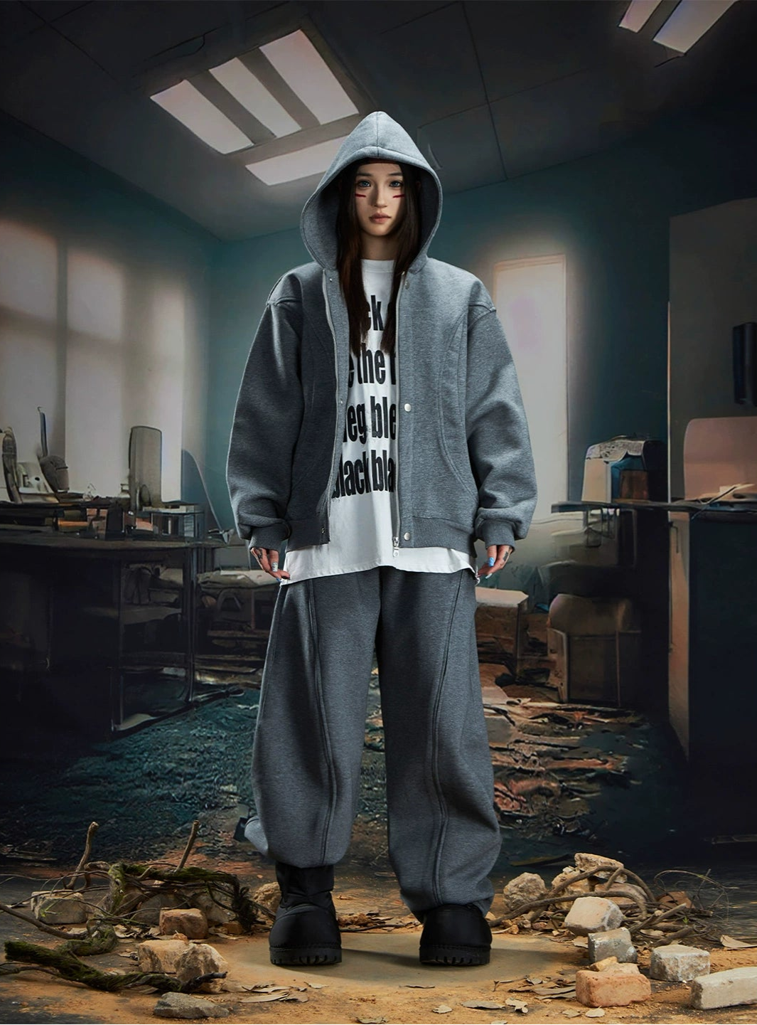 Deconstructed Oversize Zipper Hoodie & Wide Leg Sweatpants Setup WN20582