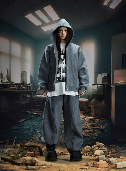 Deconstructed Oversize Zipper Hoodie & Wide Leg Sweatpants Setup WN20582