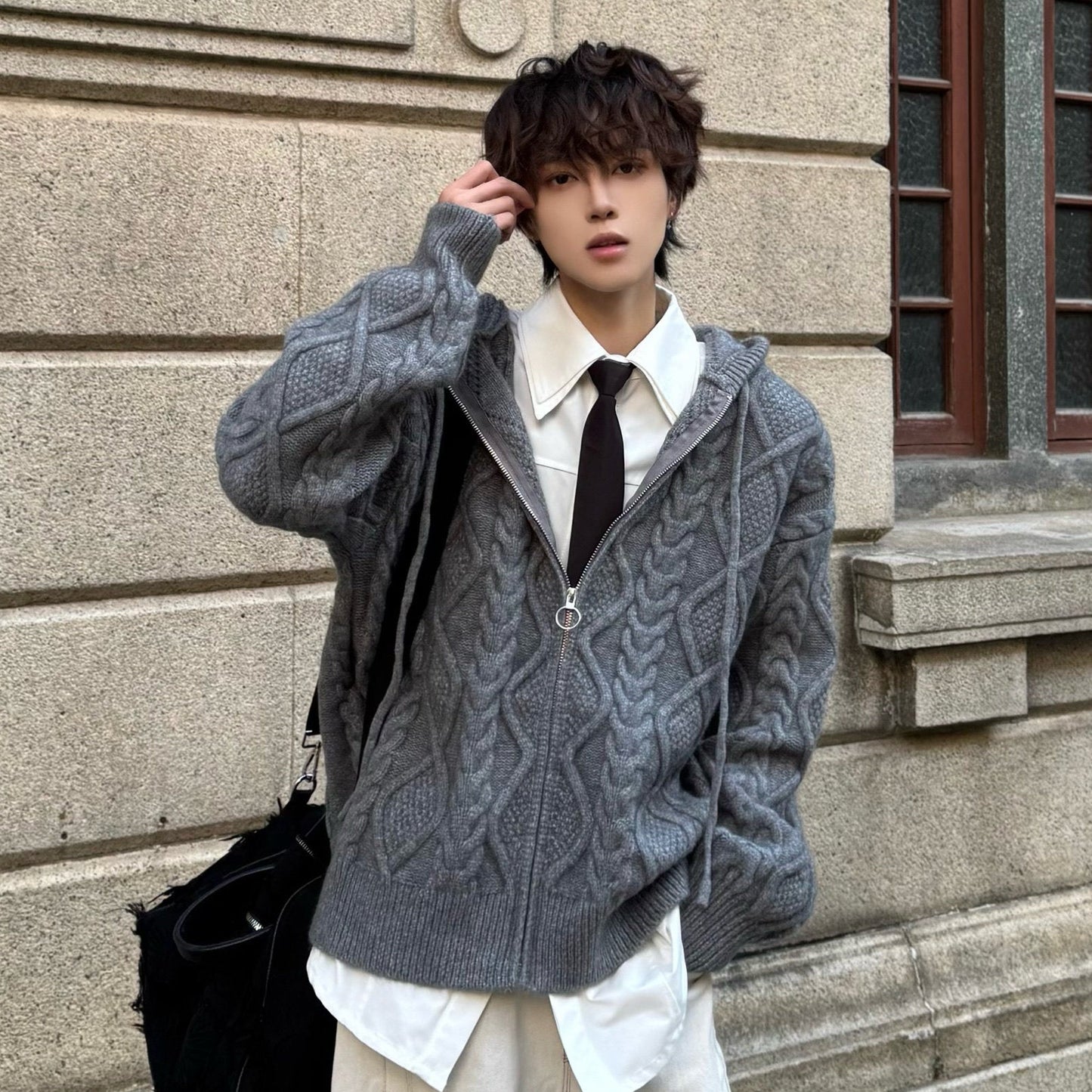 Hooded Cable Knit Oversize Zipper Knit Cardigan WN23152