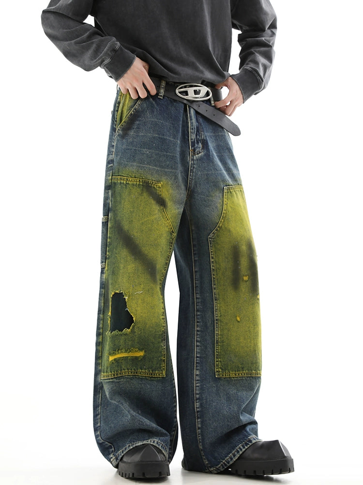 Spray-Paint Effect Wide-Leg Utility Denim Jeans WN10514