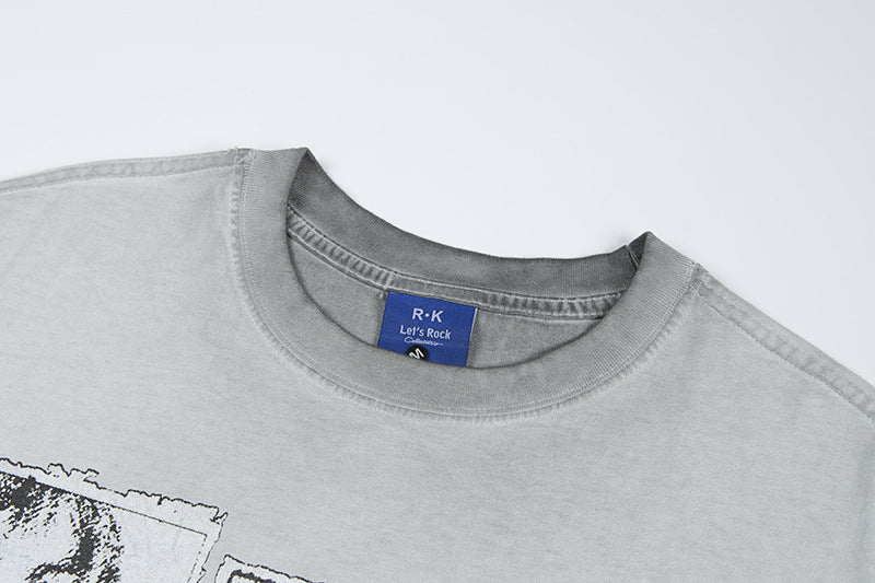 Graphic Print Wash Damage Cotton Short Sleeve T-Shirt WN25645
