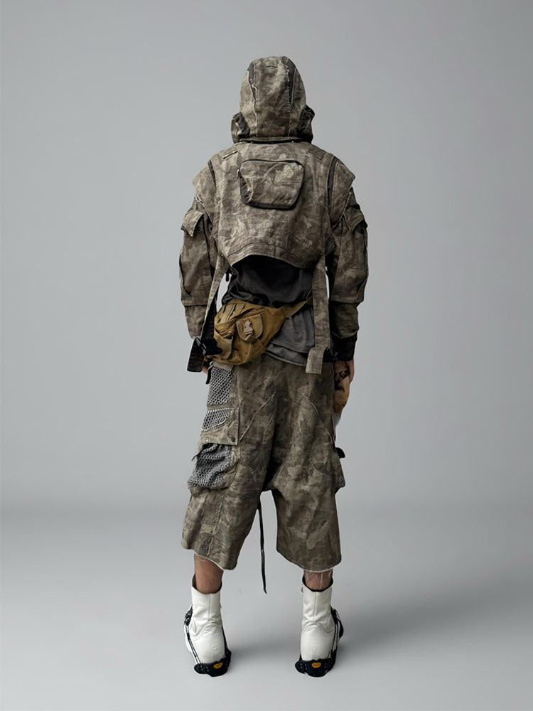 Deconstructed Camo PU Leather Rivet Short Jacket WN21988